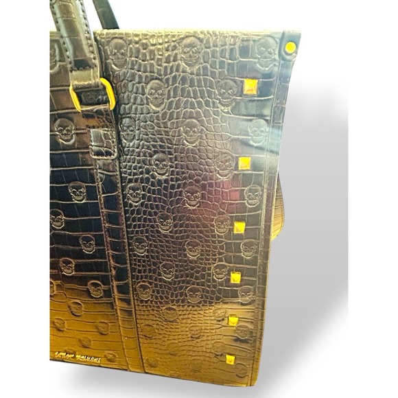 Betsey Johnson Xomattie Skull Patent Leather Work Tote Bag Black Gold Charms - Picture 11 of 16